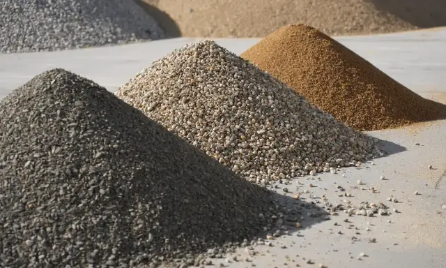 Montones de áridos para hormigón en España. Arena, grava y piedra, ingredientes clave para una tabla dosificación hormigón perfecta.