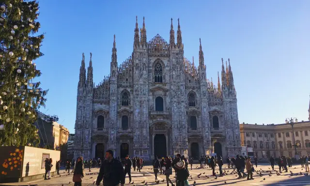 Le majestueux Duomo di Milano se dresse sous un ciel bleu, entouré de passants et d'un sapin de Noël décoré.