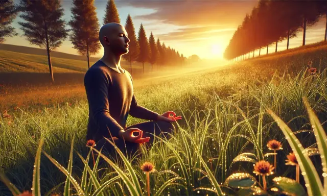 Man i lotusställning i soluppgången, omgiven av daggvått gräs. En stund av mantra meditation i naturens lugn.