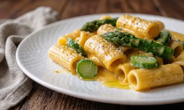 Rigatoni cremosi con asparagi freschi, un'interpretazione primaverile della carbonara di asparagi, conditi con pepe nero.