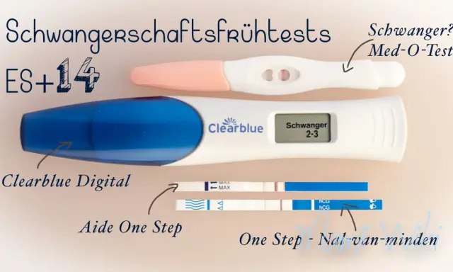 Verschiedene Schwangerschaftstests, darunter ein digitaler Clearblue, zeigen, wie sicher Schwangerschaftstests sind. ES+14.