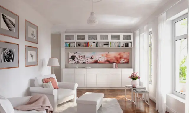 Ein helles Wohnzimmer mit weißem Sofa, Sessel, Bücherregal und Kirschblüten-Kunstwerk. Modernes **interior design** mit viel Licht.