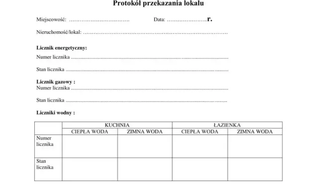 Protokół przekazania lokalu: dane o licznikach (energetyczny, gazowy, wodny) i kluczach. Dokument pomocny przy wynajem mieszkania jak się zabezpieczyć.