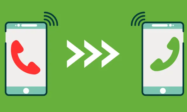Ilustracja przedstawia dwa telefony, jeden z czerwoną słuchawką, drugi z zieloną, połączone strzałkami. Symbolizuje przekierowanie połączeń motorola.