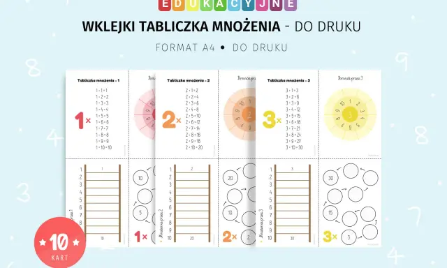 Karta pracy z tabliczką mnożenia, zawiera przykłady mnożenia przez 1, 2 i 3. Idealna do nauki i utrwalania.