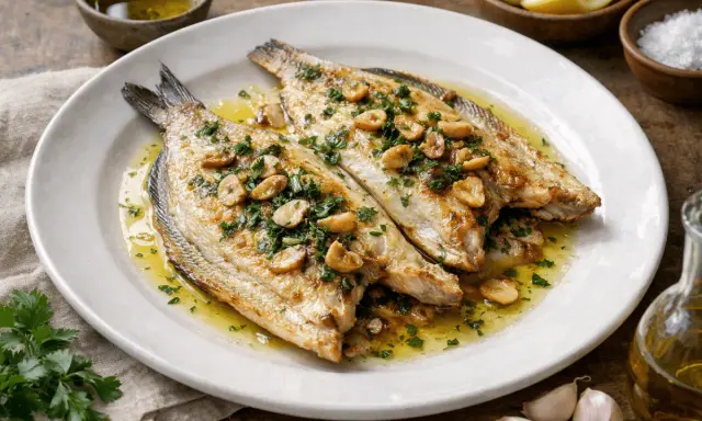 Lubina a la plancha con ajo laminado y perejil fresco, servida en plato blanco con aceite de oliva y limón al lado.