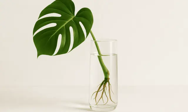 Ein Monstera-Ableger mit Wurzeln in einem Glas Wasser.