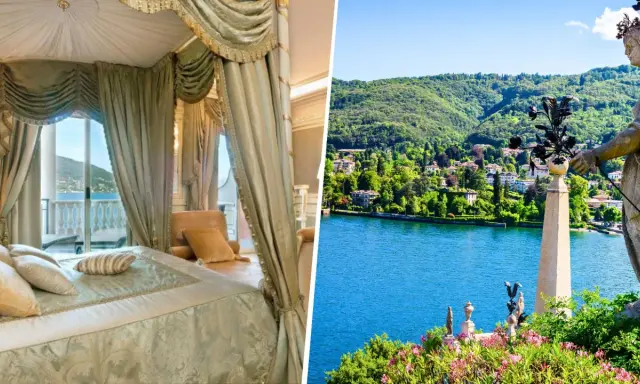 Lussuosa camera da letto con vista sul lago, perfetta per vacanze al lago da sogno. Paesaggio incantevole con ville e vegetazione lussureggiante.