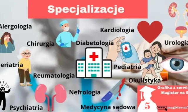 Ilustracja przedstawia różne specjalizacje medyczne, od alergologii po psychiatrię, sugerując ścieżki kariery po studiach dermatologicznych.