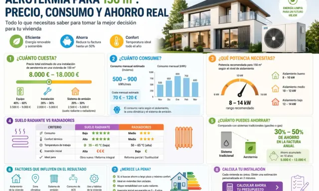 Infografía sobre aerotermia: precio, consumo y ahorro. Explica qué es la aerotermia, su coste, consumo, potencia necesaria y ahorro.