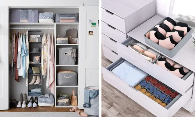 Ideas para organizar armarios por dentro: ropa colgada, zapatos, cajones con separadores para lencería y calcetines.