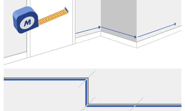 Mesurer les murs pour bien poser des plinthes. Le ruban à mesurer indique les longueurs.