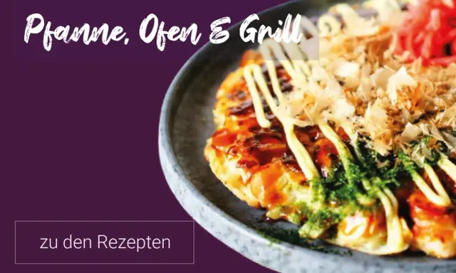 Leckere japanische Rezepte für Pfanne, Ofen & Grill. Ein Okonomiyaki mit Toppings.