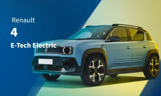 El nuevo coche eléctrico grande Renault 4 E-Tech Electric, con su diseño moderno y futurista, se presenta sobre un fondo degradado de azul a amarillo.