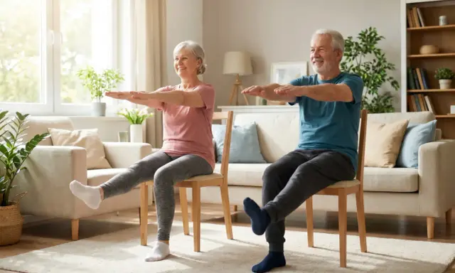 Uśmiechnięci seniorzy wykonują zestaw ćwiczeń dla seniorów w domu, siedząc na krzesłach i unosząc nogi.