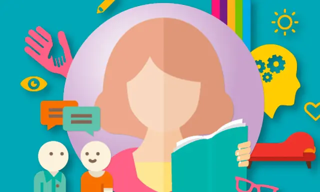 Ilustración sobre apoyo y comprensión para el trastorno específico del aprendizaje, con iconos de ayuda, comunicación y aprendizaje.