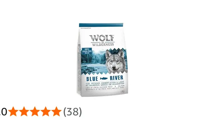 Sac de croquettes Wolf of Wilderness "Blue River" pour chien, sans céréales, avec un loup sur fond de rivière. Avis 5 étoiles.