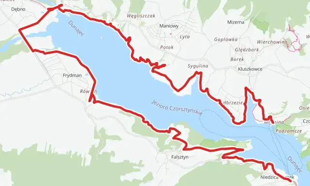 Trasa rowerowa wokół Jeziora Czorsztyńskiego, wzdłuż Dunajca. Widoczna pętla rowerowa, nazwy miejscowości: Frydman, Maniowy, Kluszkowce, Niedzica.