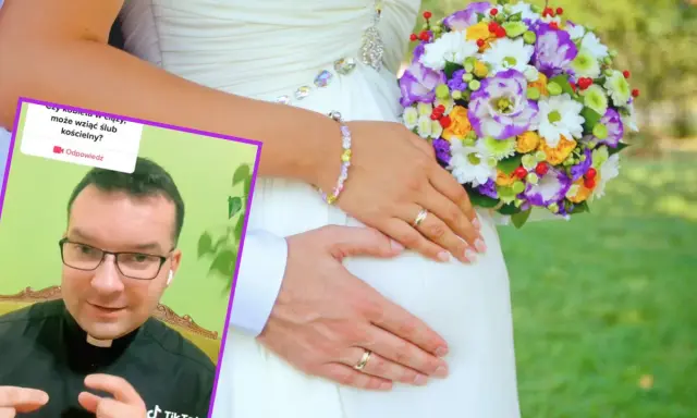 Ksiądz odpowiada na pytanie, czy kobieta w ciąży może wziąć ślub kościelny. W tle para młoda z bukietem.