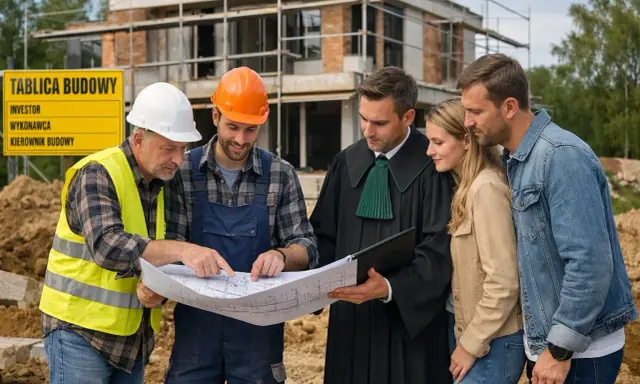 Inwestorzy, prawnik i budowlańcy omawiają projekt domu. Nowelizacja prawa budowlanego może wpłynąć na ich plany.