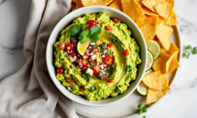 Un bol de guacamole frais, garni de tomates, oignons rouges et coriandre, prêt à être dégusté avec des chips tortilla. La meilleure recette guacamole !