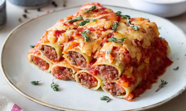 Pyszne cannelloni z mięsem mielonym, zapieczone pod sosem pomidorowym i serem, ozdobione gałązkami tymianku.