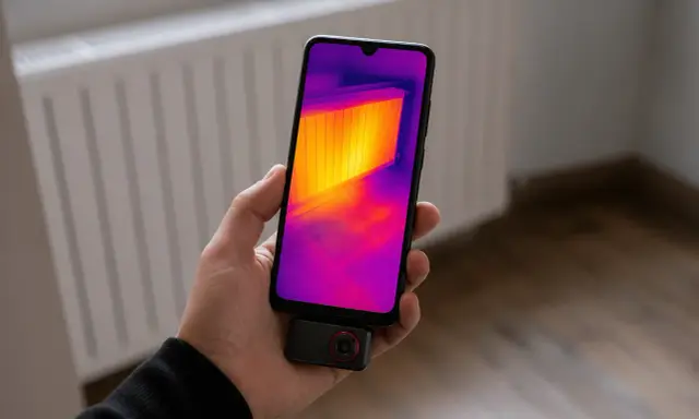 Telefon z termowizją pokazuje ciepło grzejnika.
