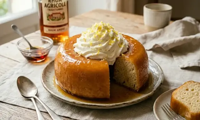 Un baba au rhum moelleux, nappé de sirop et garni de chantilly, prêt à être dégusté. Une invitation à la gourmandise.
