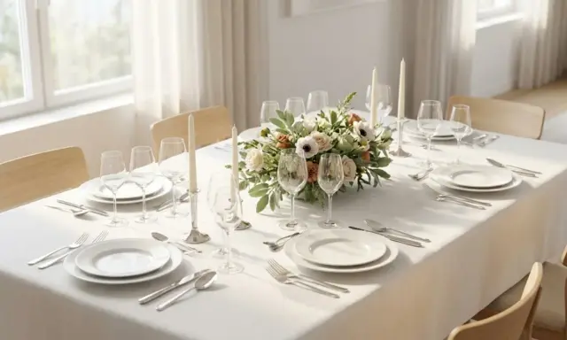 Élégant dressage d'une table à la française, avec un centre de table floral, des bougies et des couverts en argent.