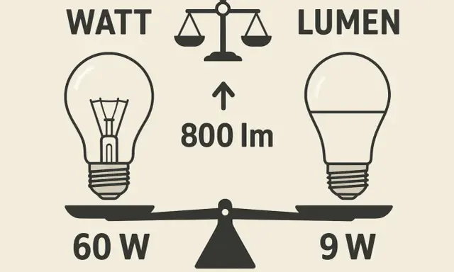 Balance comparant la puissance d'une ampoule incandescente (60W) à celle d'une ampoule LED (9W) pour une luminosité équivalente de 800 lumens.
