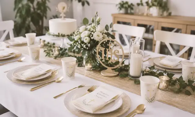 Elegancko nakryty stół na komunię w domu. Złote sztućce, białe róże i tort. Idealne atrakcje dla dzieci na komunię w domu.