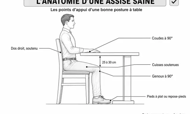 Illustration d'une dimension personne assise droite, dos soutenu, genoux et coudes à 90°, cuisses soutenues, pieds à plat.