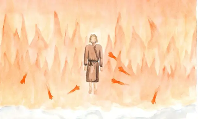Prophet Amos im Religionsunterricht: Eine Vision von Flammen und ausgestreckten Händen, die eine Botschaft der Hoffnung vermitteln.