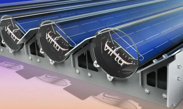 Panneau solaire avec des disques transparents et un logo "Virtu". Le tube solaire est intégré dans une structure métallique.