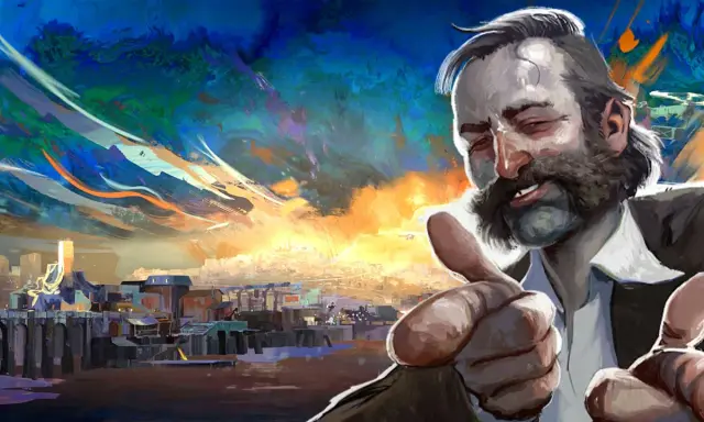Harrier Du Bois z Disco Elysium, z kciukami w górę, na tle surrealistycznego, kolorowego nieba i miasta.