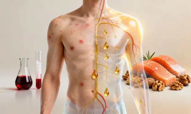 Skóra z wysypką i naczynia krwionośne z kroplami oleju, obok łosoś i orzechy. Objawy niedoboru omega-3 mogą być widoczne na skórze.