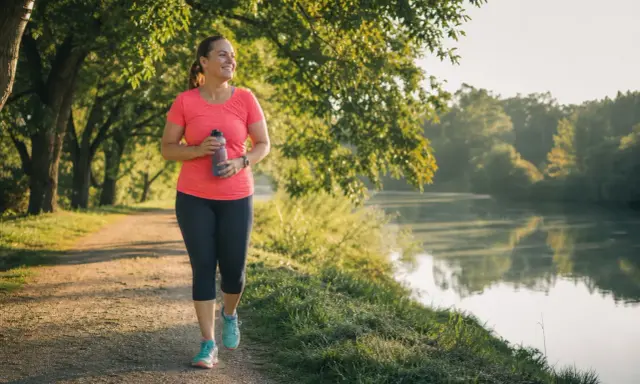 Frau genießt ihr Lauftraining am See. Nach 1 Monat Joggen fühlt sie sich fitter und strahlt Selbstvertrauen aus.