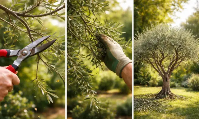 Tricolore montrant la taille d'un olivier d'ornement : sécateur, main gantée cueillant des olives, et l'arbre taillé dans un jardin ensoleillé.