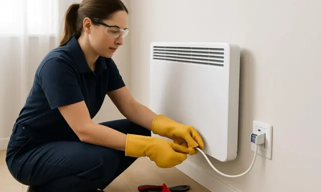 Une femme en gants jaunes manipule le câble blanc d'un radiateur électrique. La couleur fils radiateur electrique est blanc.
