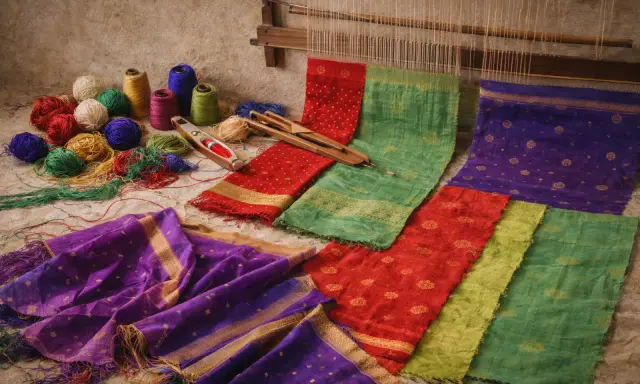 Vibrant Indian textiles, including colorful yarn balls, a weaving shuttle, and richly patterned fabrics in red, green, and purple, are laid out near a loom.