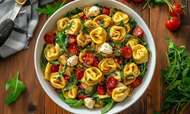 Bunter Tortellinisalat mit Kirschtomaten, Mozzarella-Kugeln und Rucola – perfekt für schnelle Partysalate.