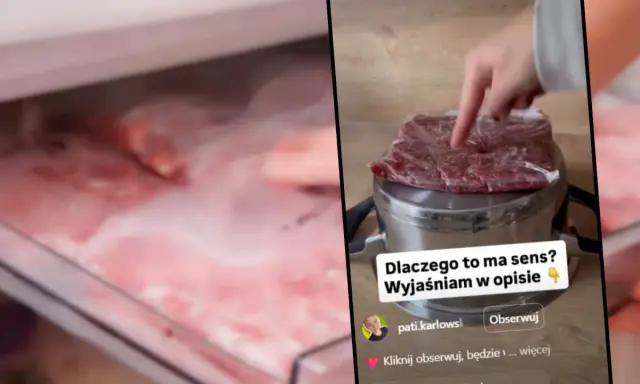 Sposób, jak szybko rozmrozić mięso, pokazany na filmie. Mięso w woreczku na garnku.