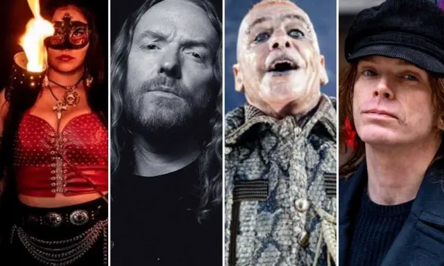 Collage med medlemmar av Rammstein: en kvinna med eld, en man med långt hår, Till Lindemann och Richard Kruspe.