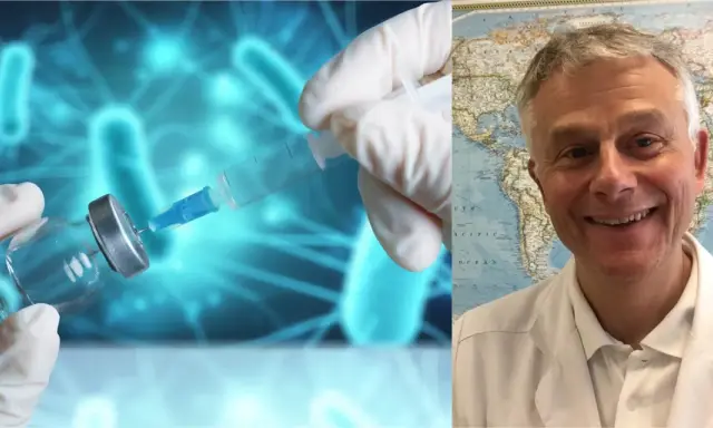 Läkare med världskarta bakom sig, bredvid bild på vaccin och spruta. Frågan "vilka vaccin har jag" kan besvaras med hjälp av denna expert.