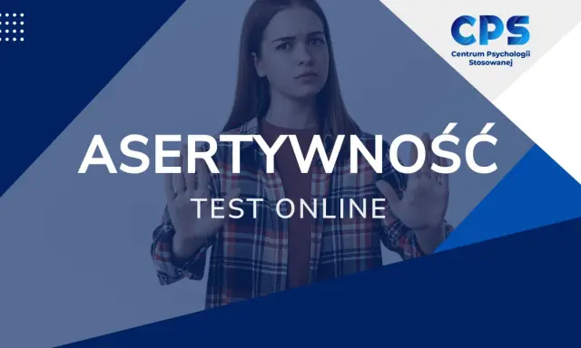 Młoda kobieta z uniesionymi dłońmi, symbolizująca asertywność. Obok napis "ASERTYWNOŚĆ TEST ONLINE".