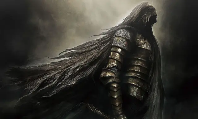 Rycerz w zbroi, z długimi włosami rozwianymi przez wiatr, jak w grach podobnych do Dark Souls.