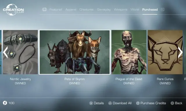 Menu Creation Club z opcjami zakupu dla Skyrim DLC: Nordic Jewelry, Pets of Skyrim, Plague of the Dead, Rare Curios.