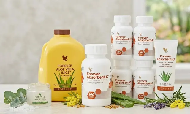 Zestaw produktów Forever: sok z aloesu, żel aloesowy i suplementy Forever Absorbent-C.
