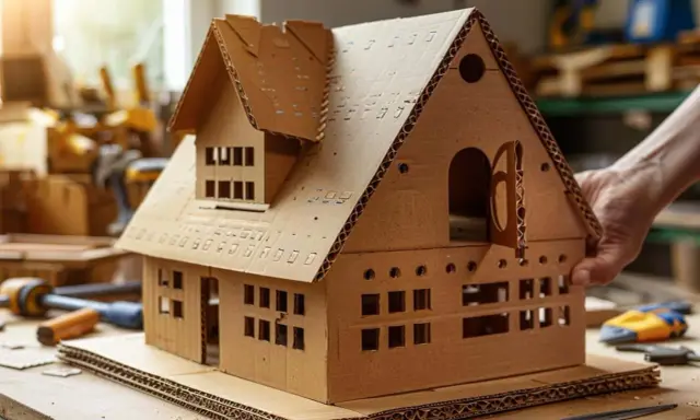 Une main tient une **maison en carton** détaillée, avec des fenêtres découpées et un toit à plusieurs niveaux, posée sur un établi.