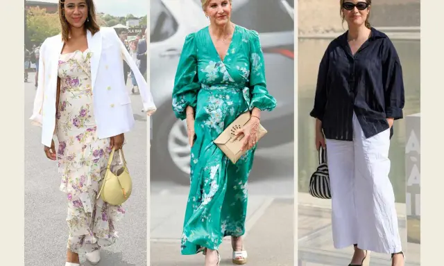 Trzy kobiety w letnich stylizacjach. Jedna w kwiecistej sukience i marynarce, druga w zielonej sukni, trzecia w bluzce i białych spodniach. Wszystkie noszą espadryle, co to za wygodne buty!